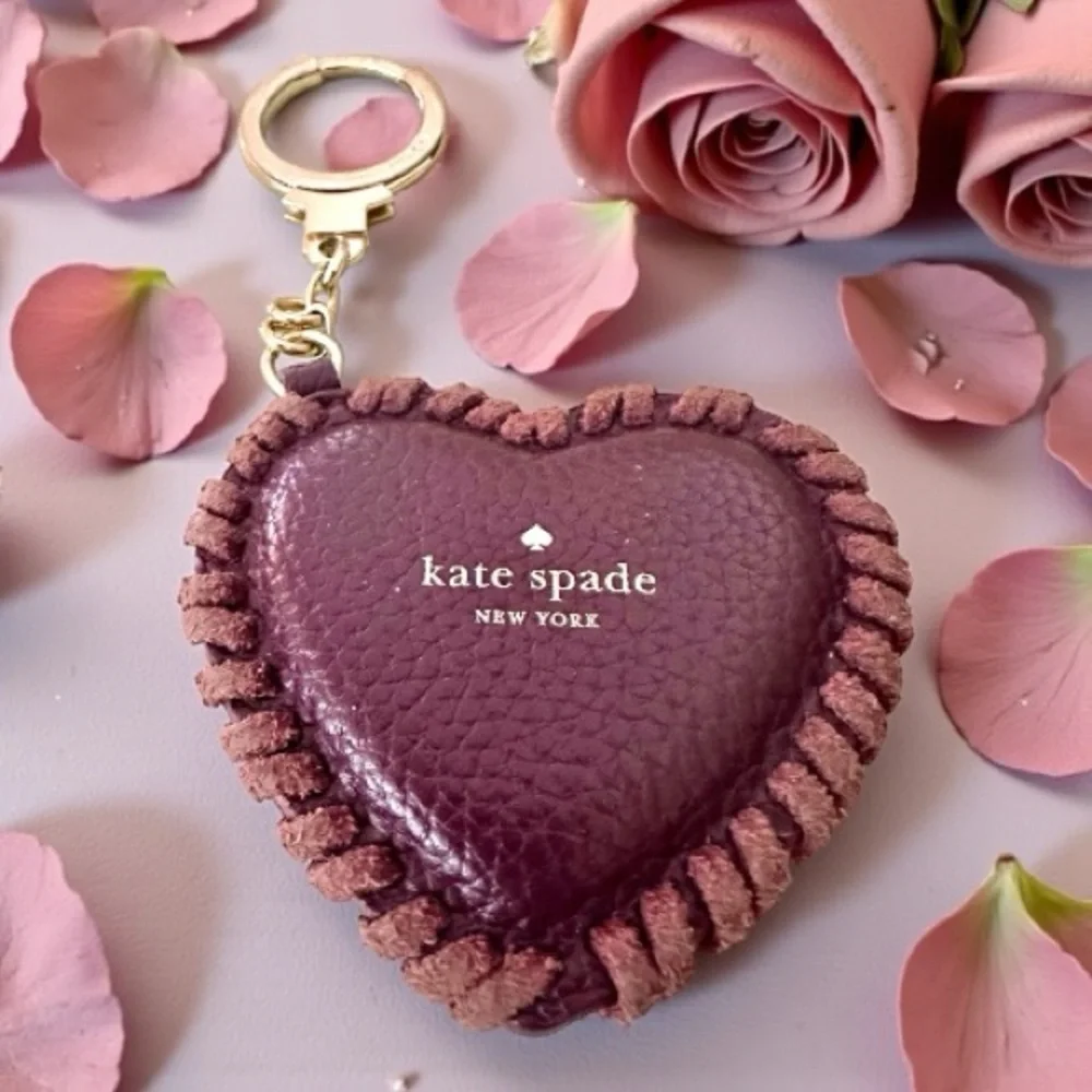 Kate Spade Burgundy Leather Heart Keychain & Bag Charm Accessory W/ Cross Stitch